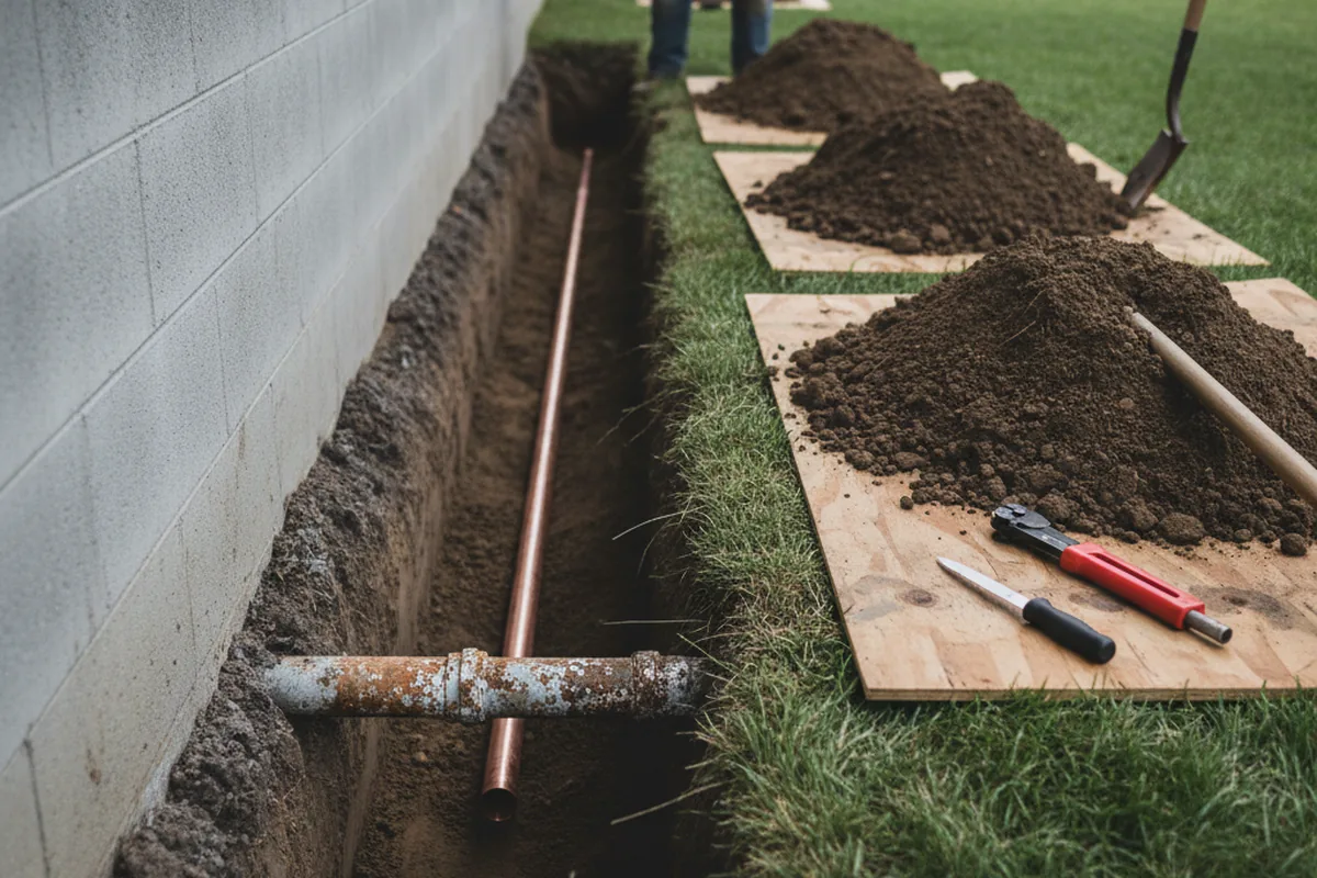 Excavated water line trench during Sewer Line Repair in Senoia